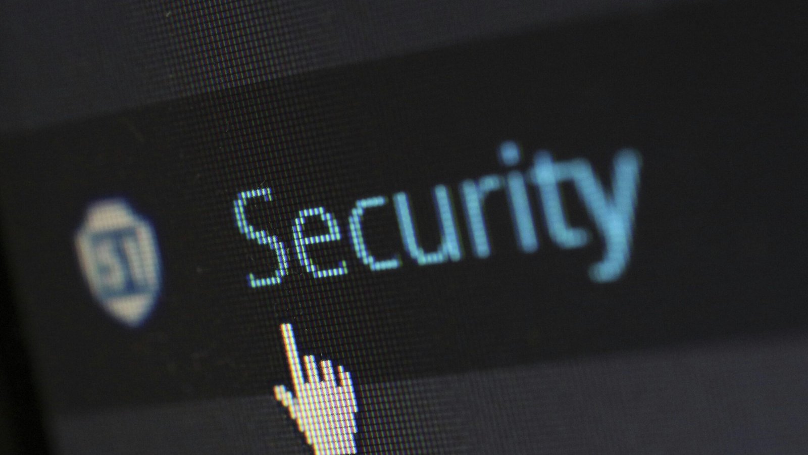 Close-up view of a mouse cursor over digital security text on display.